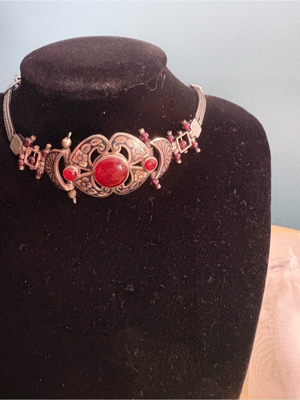 Red Stone Ornate Silver Choker Necklace